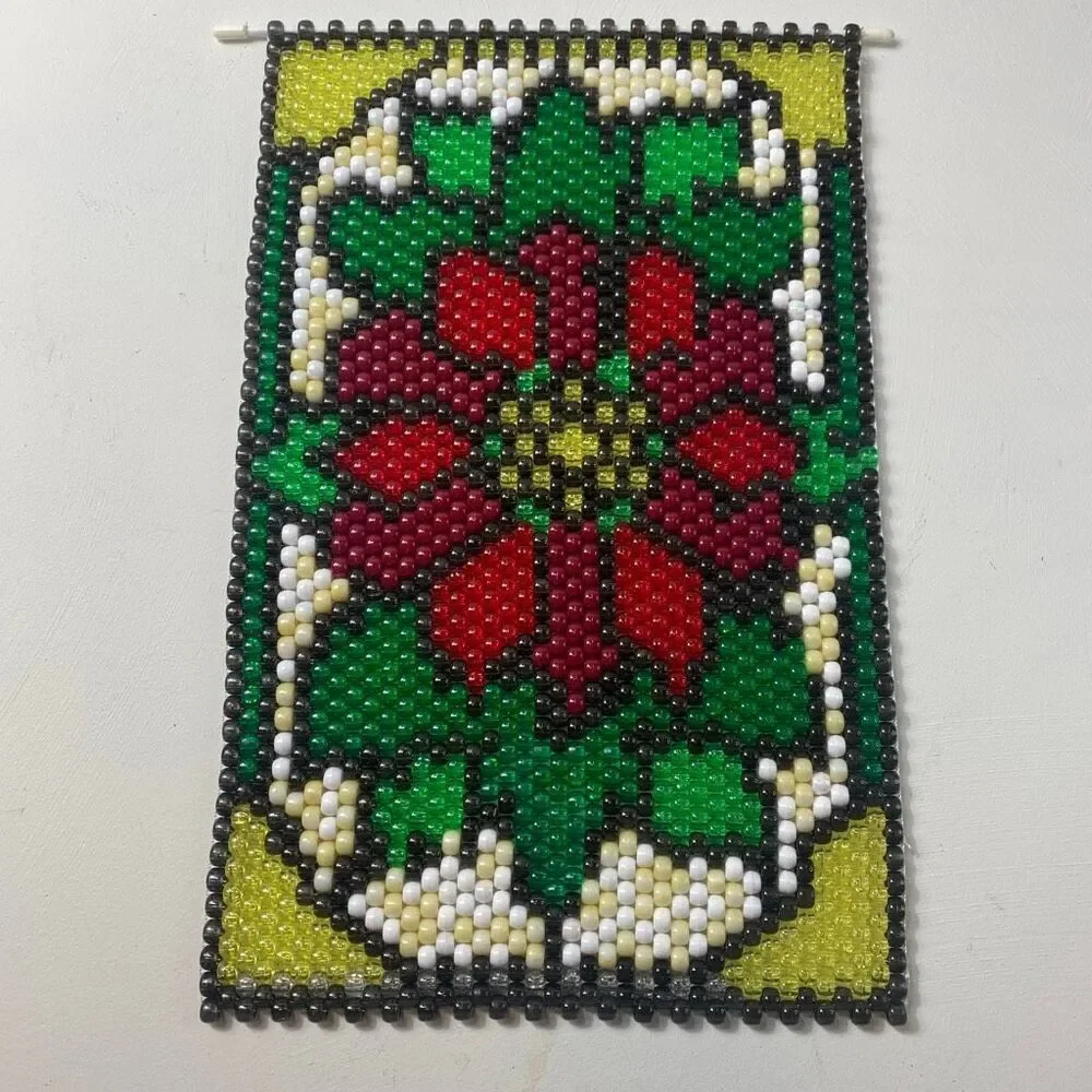 Beaded Floral Wall Hanging Tapestry Boho Folk Art Decor 10x15